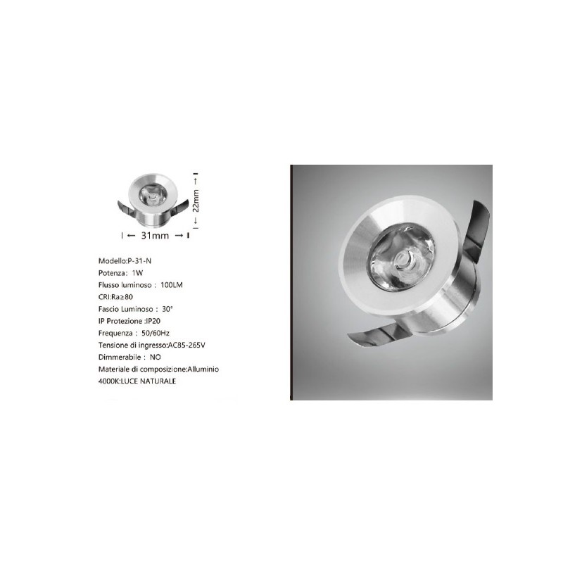 Punto luce da 1W 4000k da incasso rotondo luce naturale mini led argento P-31-1N LT3075 ABM SRLS® PUNTI LUCE 2,99 €