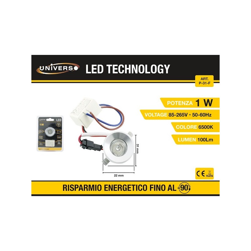 Punto luce da 1W 6500k da incasso rotondo luce fredda mini led argentoP-31-1F LT2910 ABM SRLS® PUNTI LUCE 2,99 €