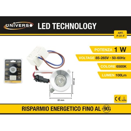 Punto luce da 1W 6500k da incasso rotondo luce fredda mini led argentoP-31-1F LT2910 ABM SRLS® PUNTI LUCE 2,99 €