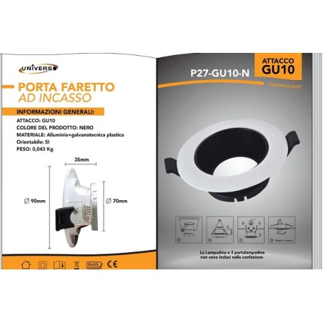 Porta faretto ad incasso orientabile GU10 BIANCO E NERO P27-GU10-N LT3315  PORTA FARETTI SPOT 1,84 €