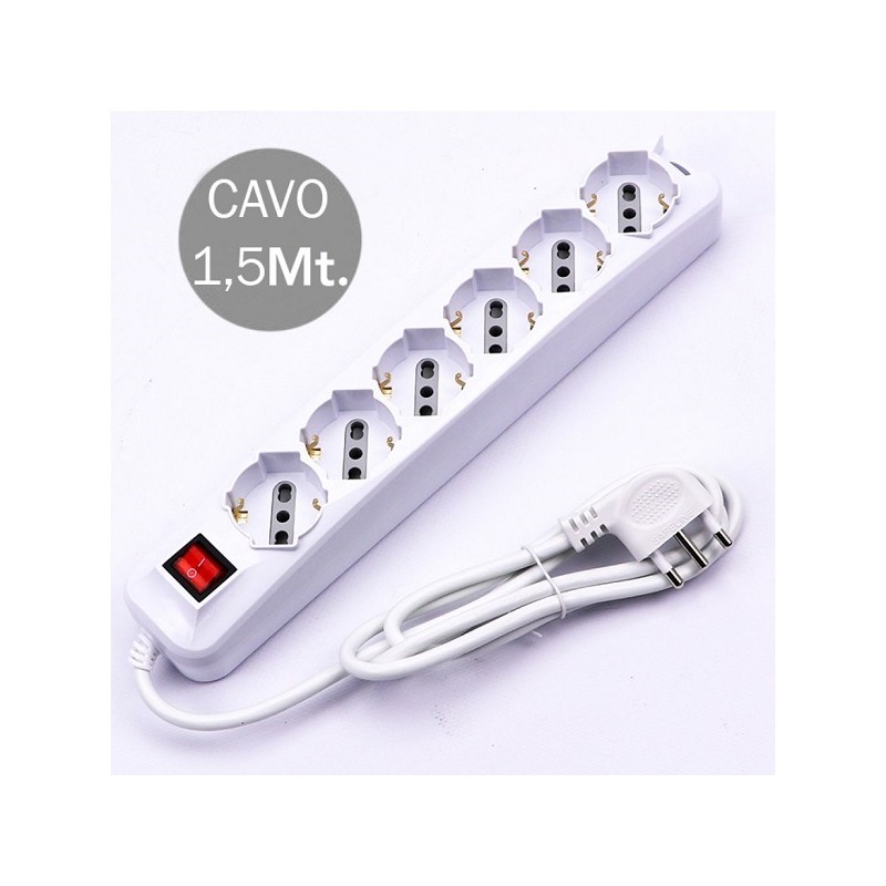 Multipresa con Cavo 1,5mt 6 Prese 10/16A 2P+T Bipasso + Shuko SKU 8713 LT3960  SPINE E PROLUNGHE 8,97 €