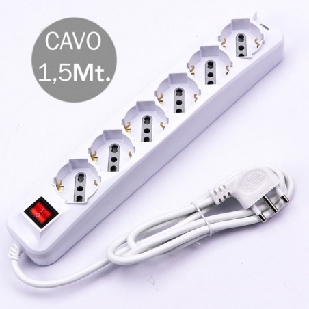 Multipresa con Cavo 1,5mt 6 Prese 10/16A 2P+T Bipasso + Shuko SKU 8713 LT3960  SPINE E PROLUNGHE 8,97 €