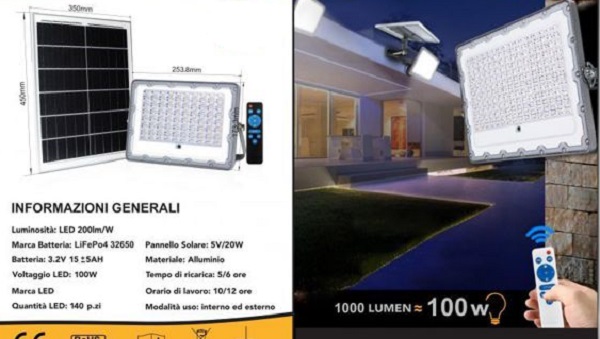 Faro LED 100W con Pannello Solare e Telecomando luce fredda SL-100W