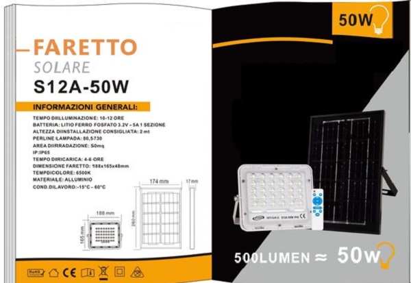 Faro Led Con Pannello Solare 200W Luce Fredda 6500K Batteria Litio