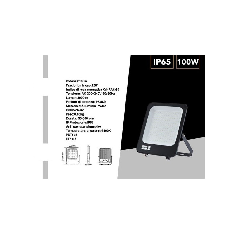 FARO PROIETTORE SMD LED FLOODLIGHT 100W SLIM IP65 COLORE NERO - LUCE FREDDA 6500KJR-100W-F LT4414  FARI PER ESTERNO 15,40 €