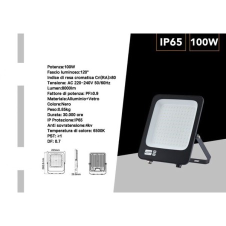 FARO PROIETTORE SMD LED FLOODLIGHT 100W SLIM IP65 COLORE NERO - LUCE FREDDA 6500KJR-100W-F LT4414  FARI PER ESTERNO 15,40 €