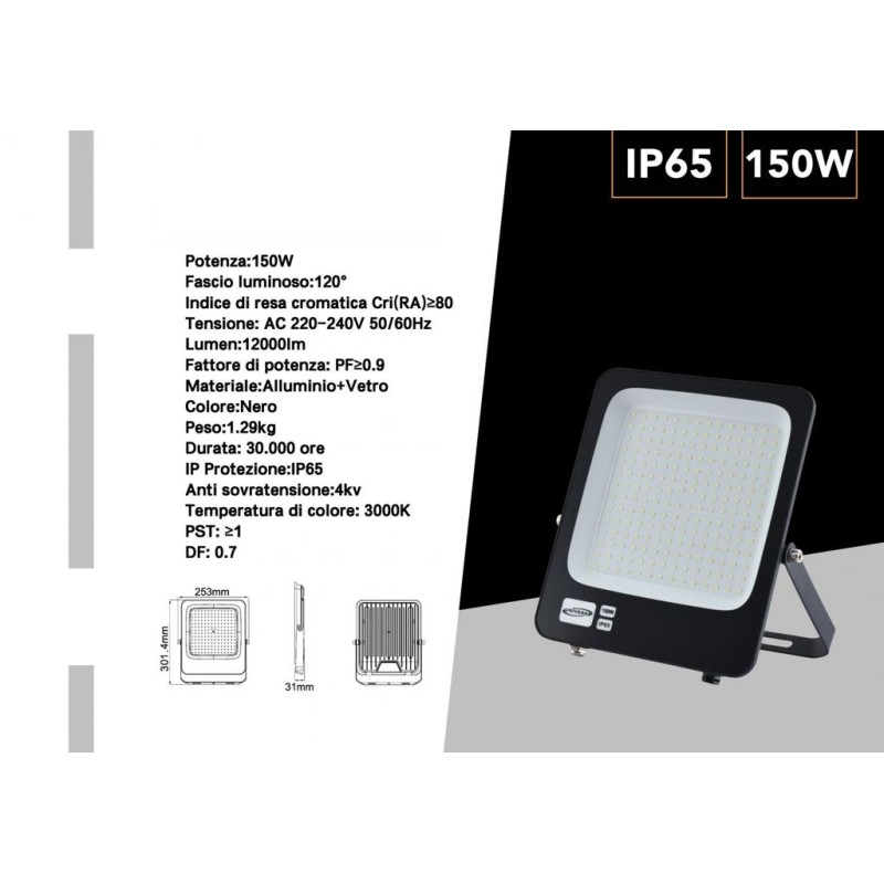 FARO PROIETTORE SMD LED FLOODLIGHT 150W SLIM IP65 COLORE NERO LUCE FREDDA 6500KJR-150-F LT4416  FARI PER ESTERNO 26,13 €