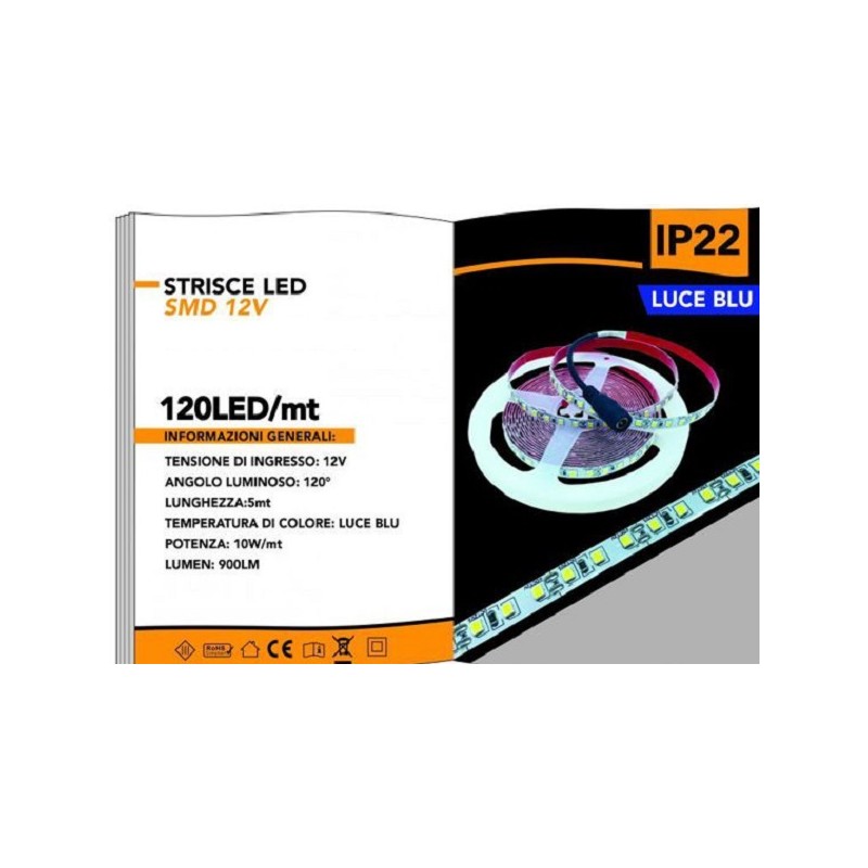 Striscia LED 2835 8,6W/Mt LUCE BLU IP20 120 led/mt ( confezione da 5 metri  2835-L120B LT4422  USO INTERNO IP20 9,22 €