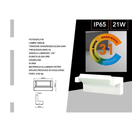 APPLIQUE A LED DA MURO BIANCO RUOTABILE 21W SMD CCT 3IN1 CAMBIA COLORE IP65 DA ESTERNO472-B3C LT4433  ILLUMINAZIONE PER ESTER...